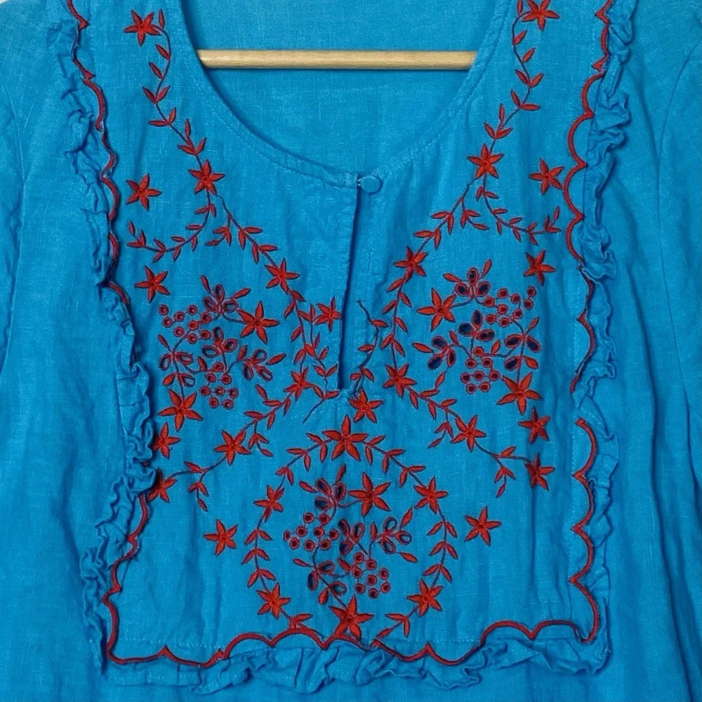 J. Crew Embroidered Linen Tunic Top Womens 2 Aqua Blue Boho Chic Floral Resort - Picture 4 of 8